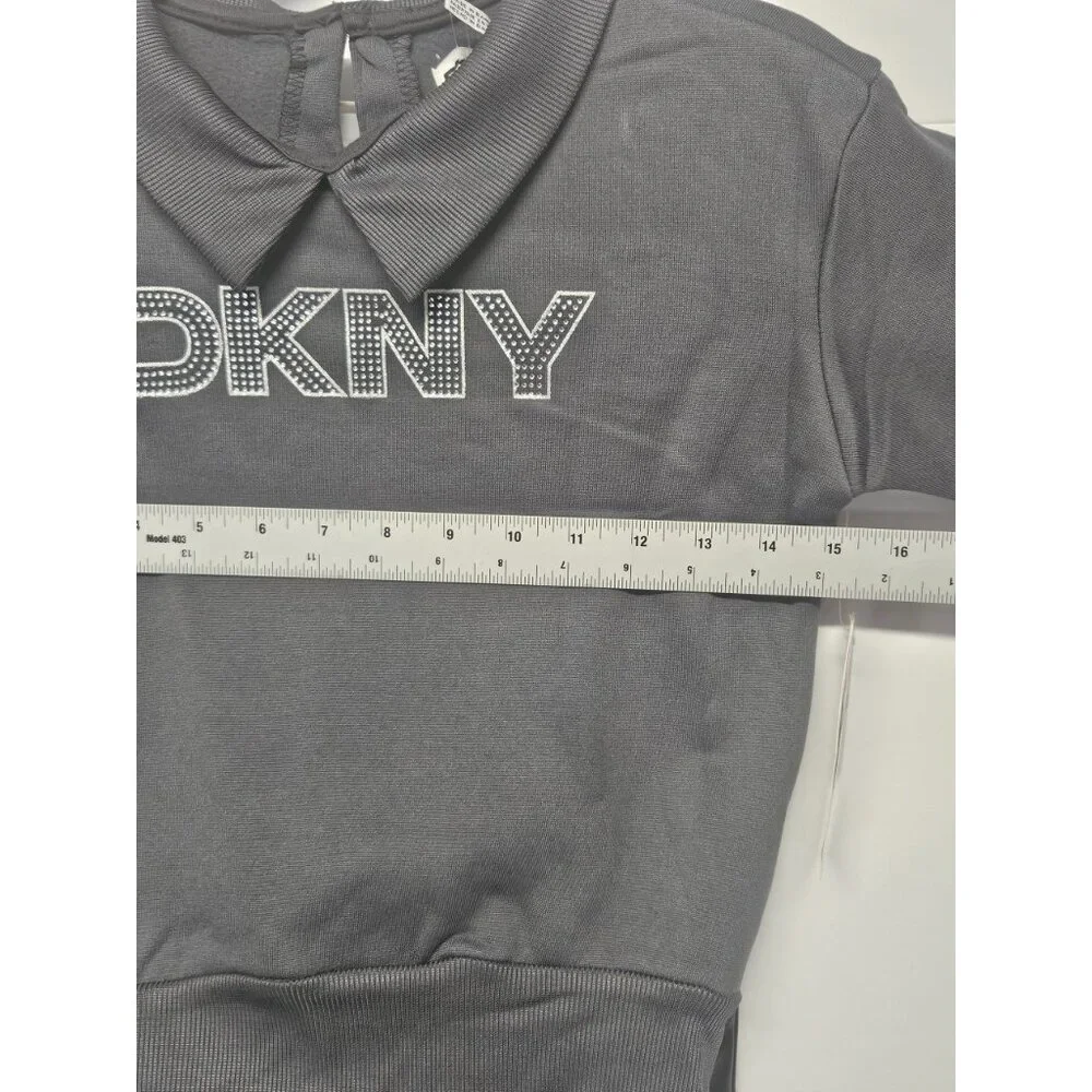 DKNY Girls Size 6 2Pc Outfit Sparkling Stone Logo Sweatshirt, Black Flared Pants